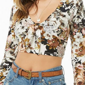 Tie-Front Floral Print Crop Top